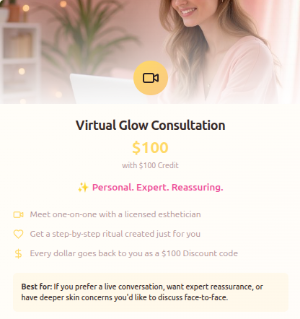 Advertisement for a virtual glow consultation service with a woman on a video call.